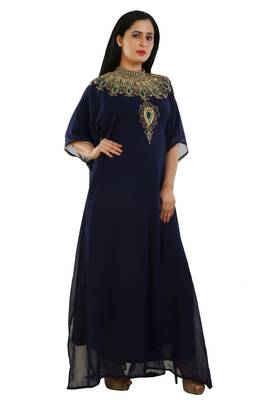 Navy Blue Georgette Embroidered Zari Work Islamic Kaftans 2