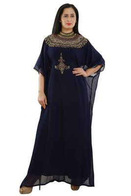 Navy Blue Georgette Embroidered Zari Work Islamic Kaftans 1