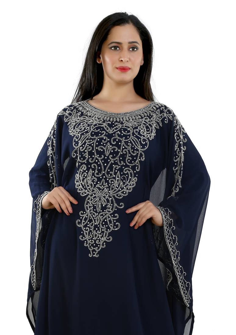 Navy Blue Georgette Embroidered Zari Work Islamic Kaftans