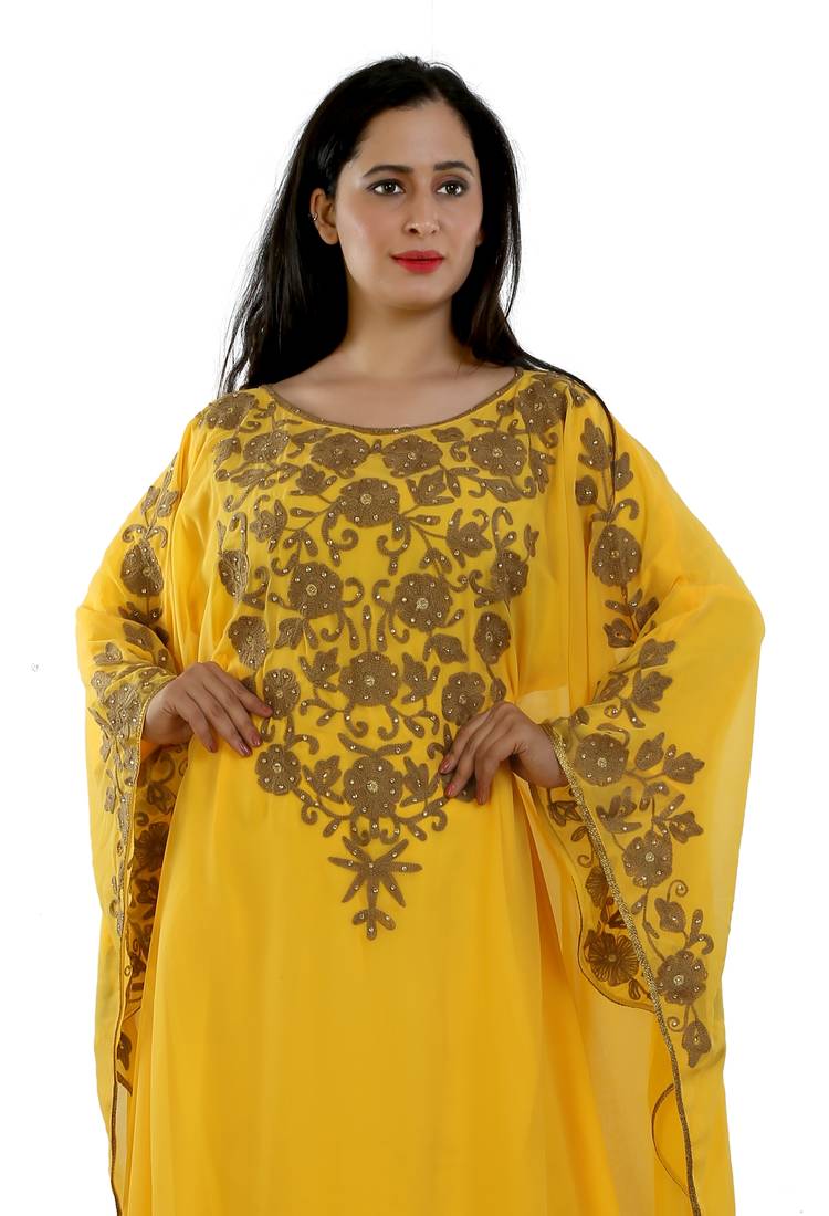 Yellow Georgette Embroidered Zari Work Islamic Kaftans
