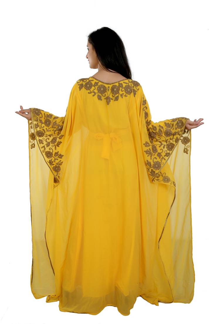 Yellow Georgette Embroidered Zari Work Islamic Kaftans