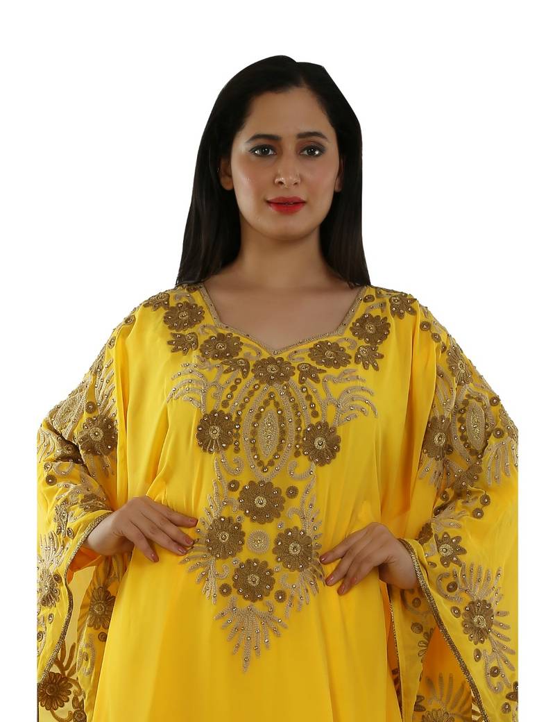 Yellow Georgette Embroidered Zari Work Islamic Kaftans
