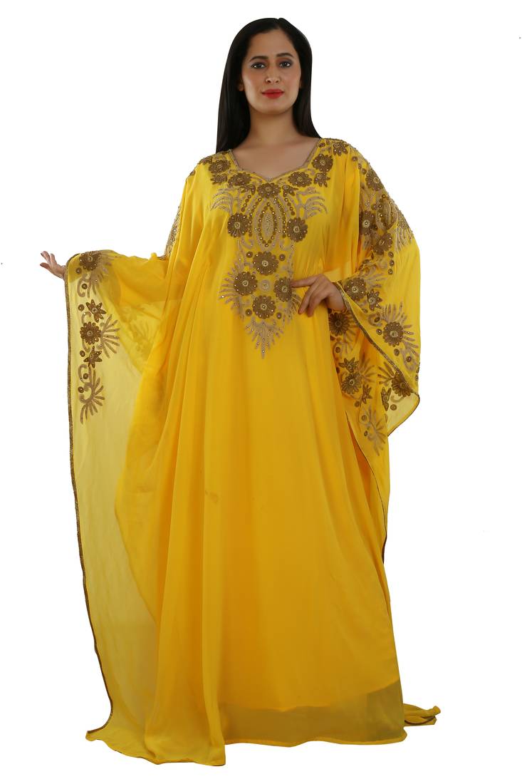 Yellow Georgette Embroidered Zari Work Islamic Kaftans