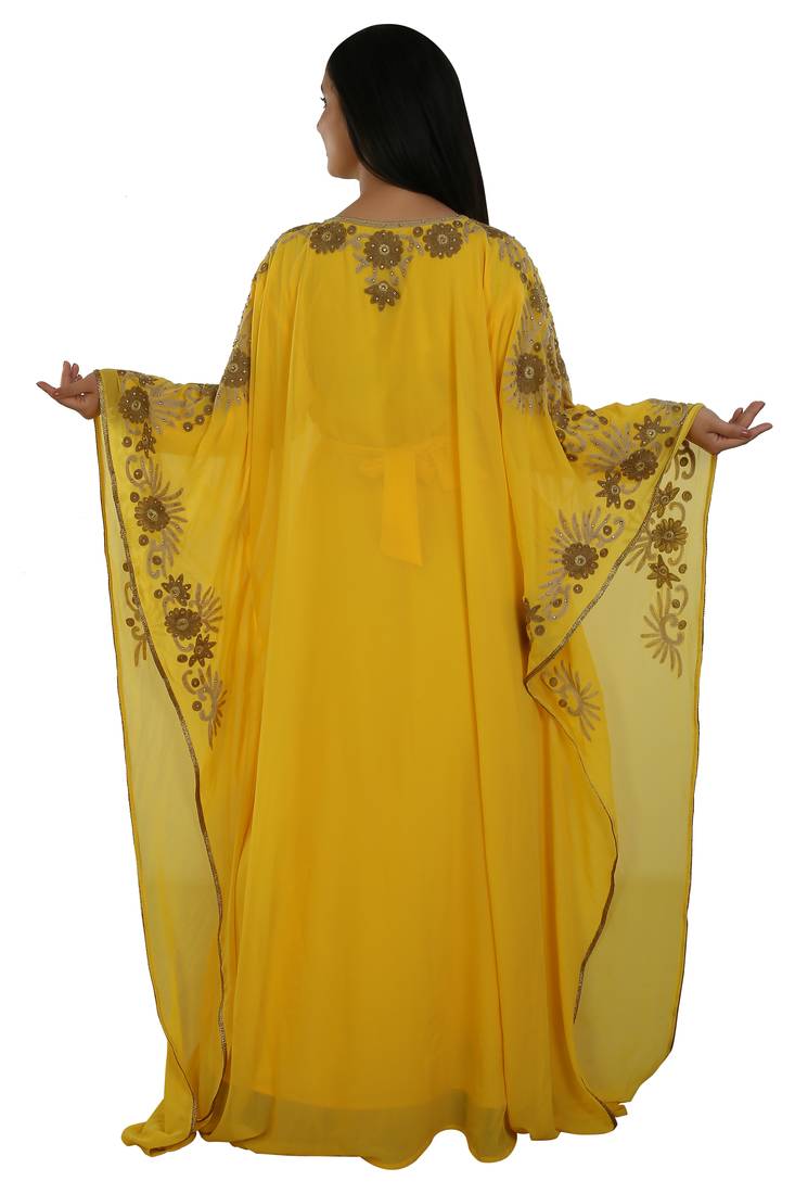 Yellow Georgette Embroidered Zari Work Islamic Kaftans