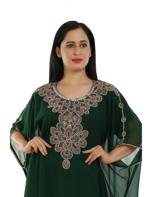 Green Georgette Embroidered Zari Work Islamic Kaftans 4