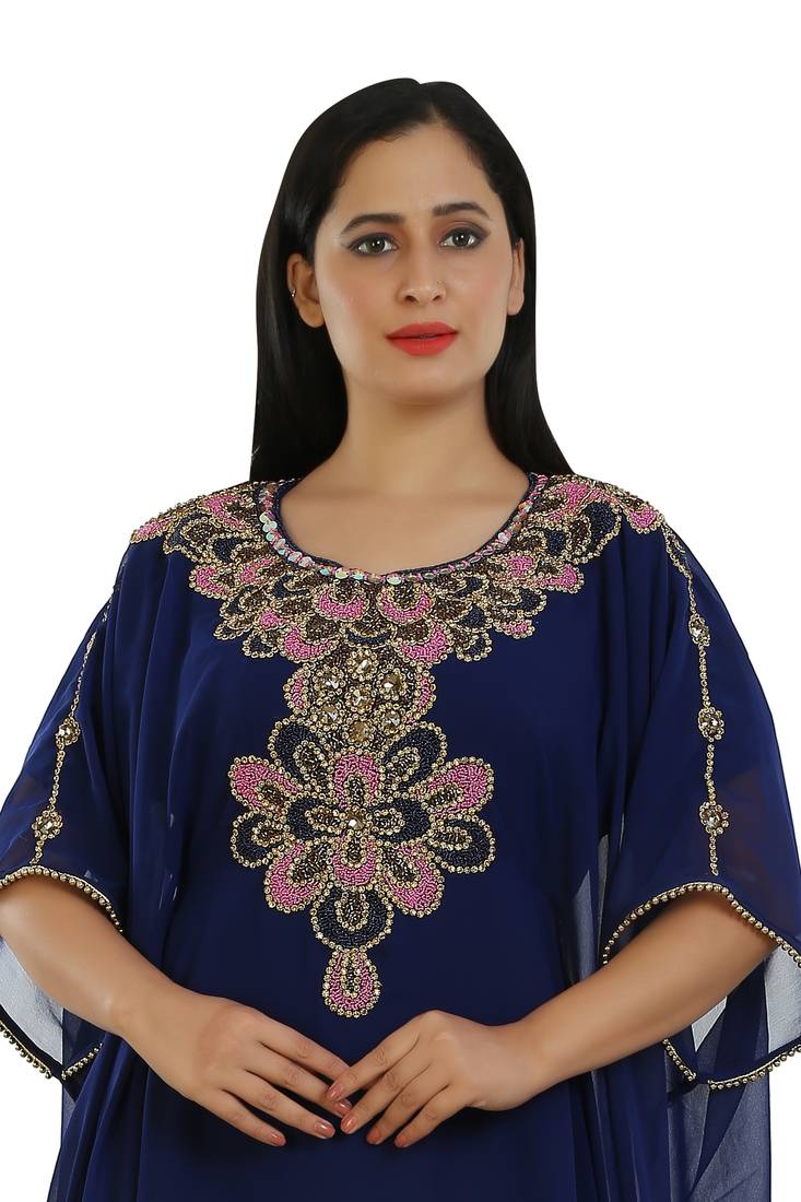 Navy Blue Georgette Embroidered Zari Work Islamic Kaftans