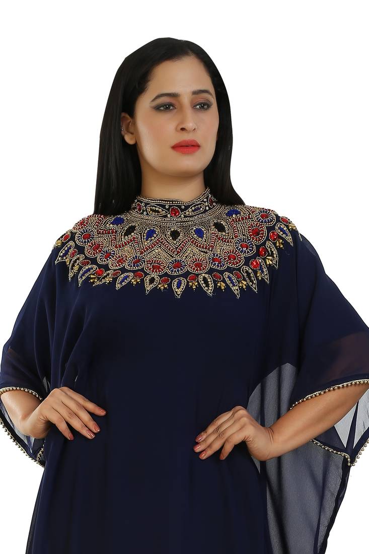 Navy Blue Georgette Embroidered Zari Work Islamic Kaftans