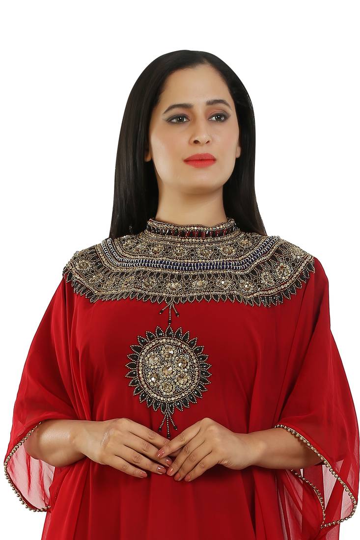 Maroon Georgette Embroidered Zari Work Islamic Kaftans