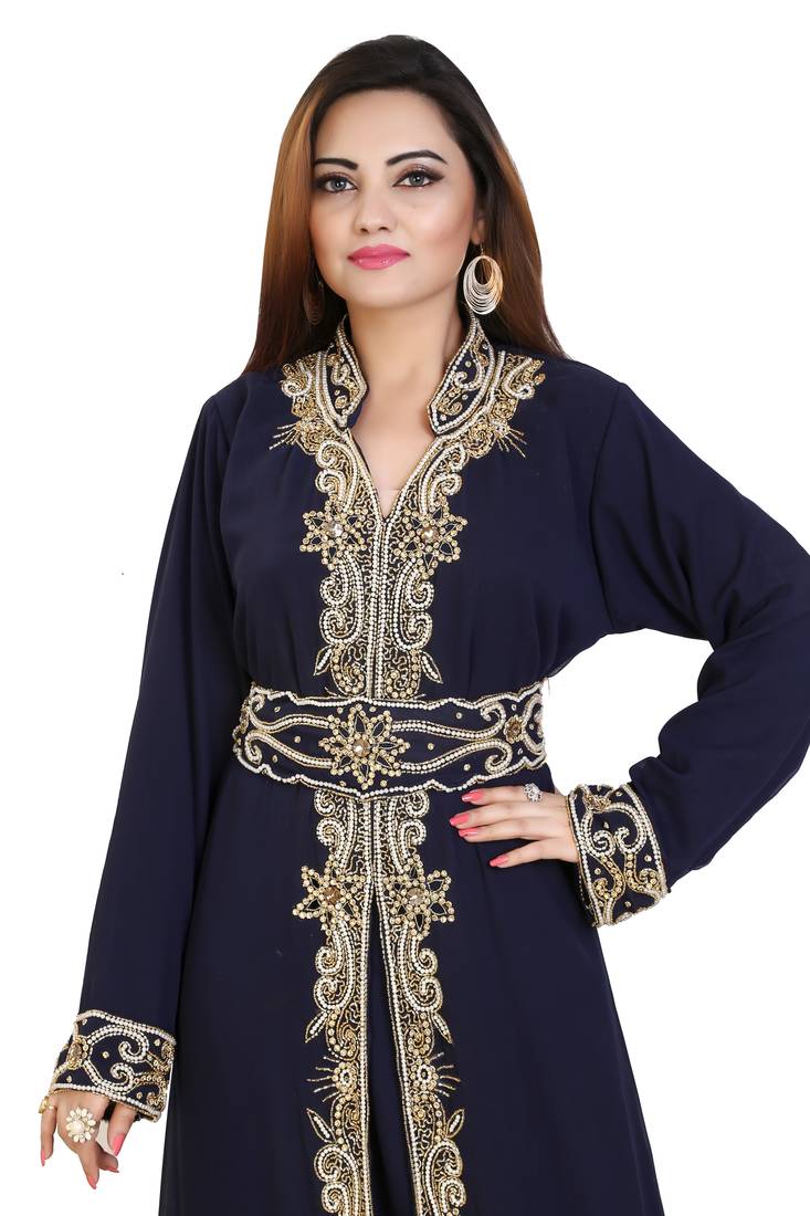 Navy Blue Georgette Embroidered Zari Work Islamic Kaftans