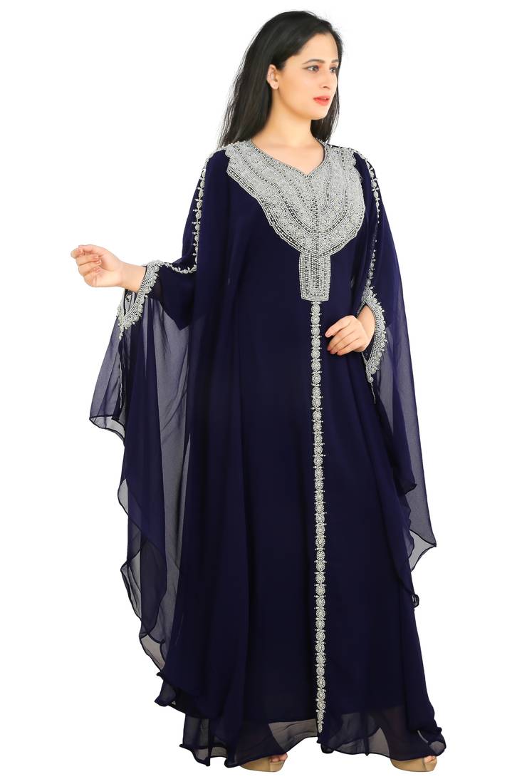 Navy Blue Georgette Embroidered Zari Work Islamic Kaftans