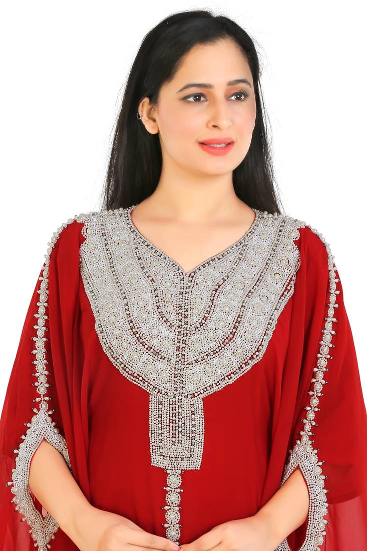 Red Georgette Embroidered Zari Work Islamic Kaftans