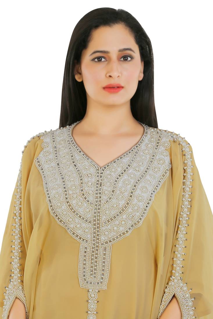 Yellow Georgette Embroidered Zari Work Islamic Kaftans