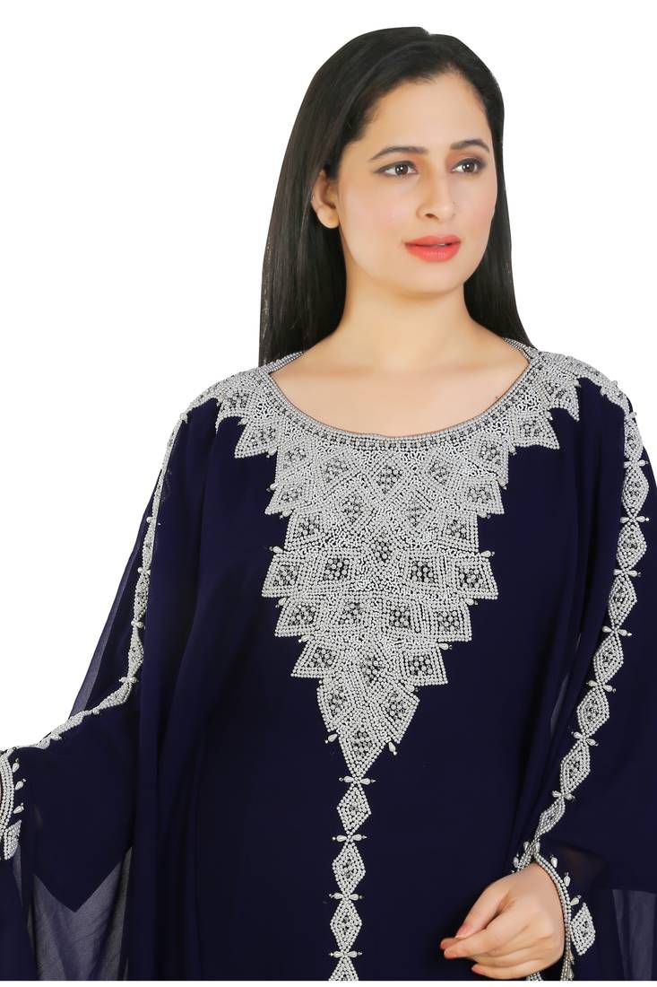 Navy Blue Georgette Embroidered Zari Work Islamic Kaftans