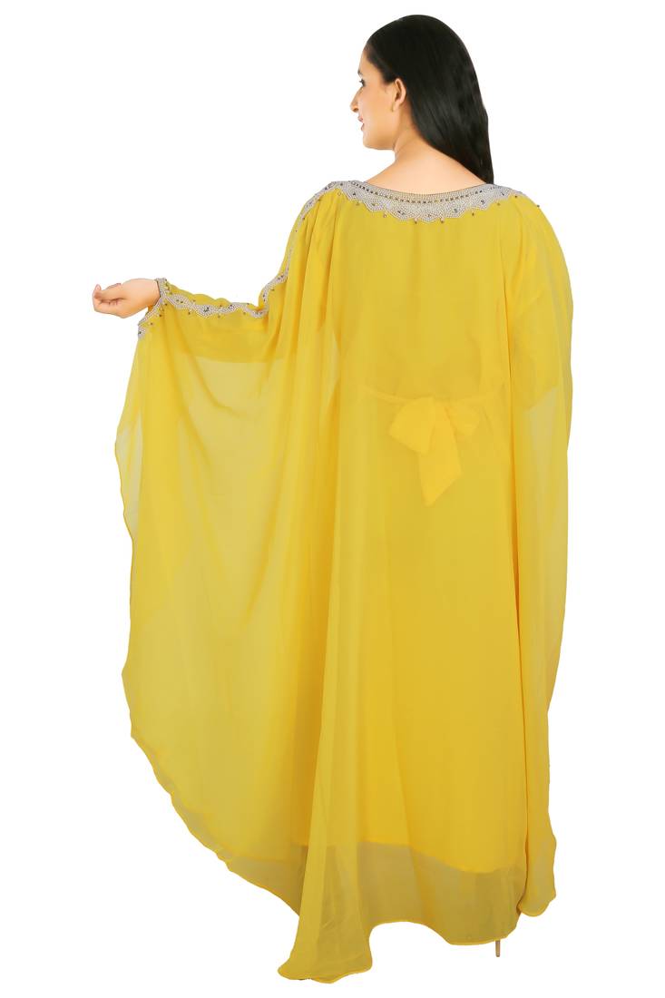Yellow Georgette Embroidered Zari Work Islamic Kaftans