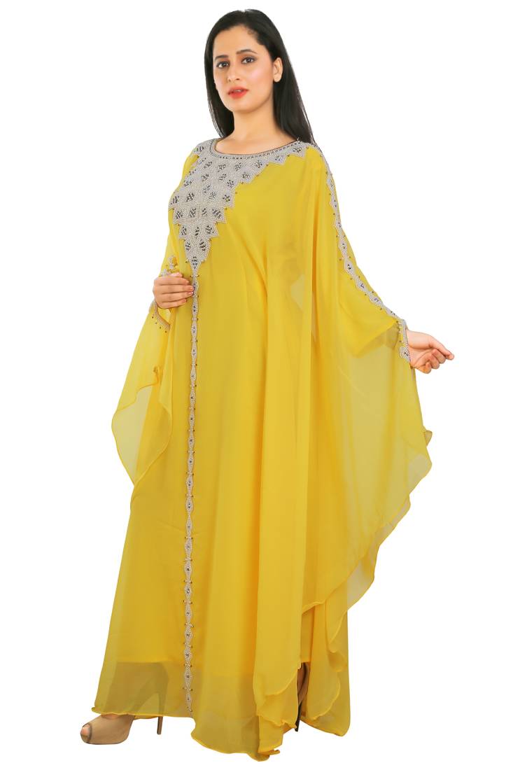 Yellow Georgette Embroidered Zari Work Islamic Kaftans