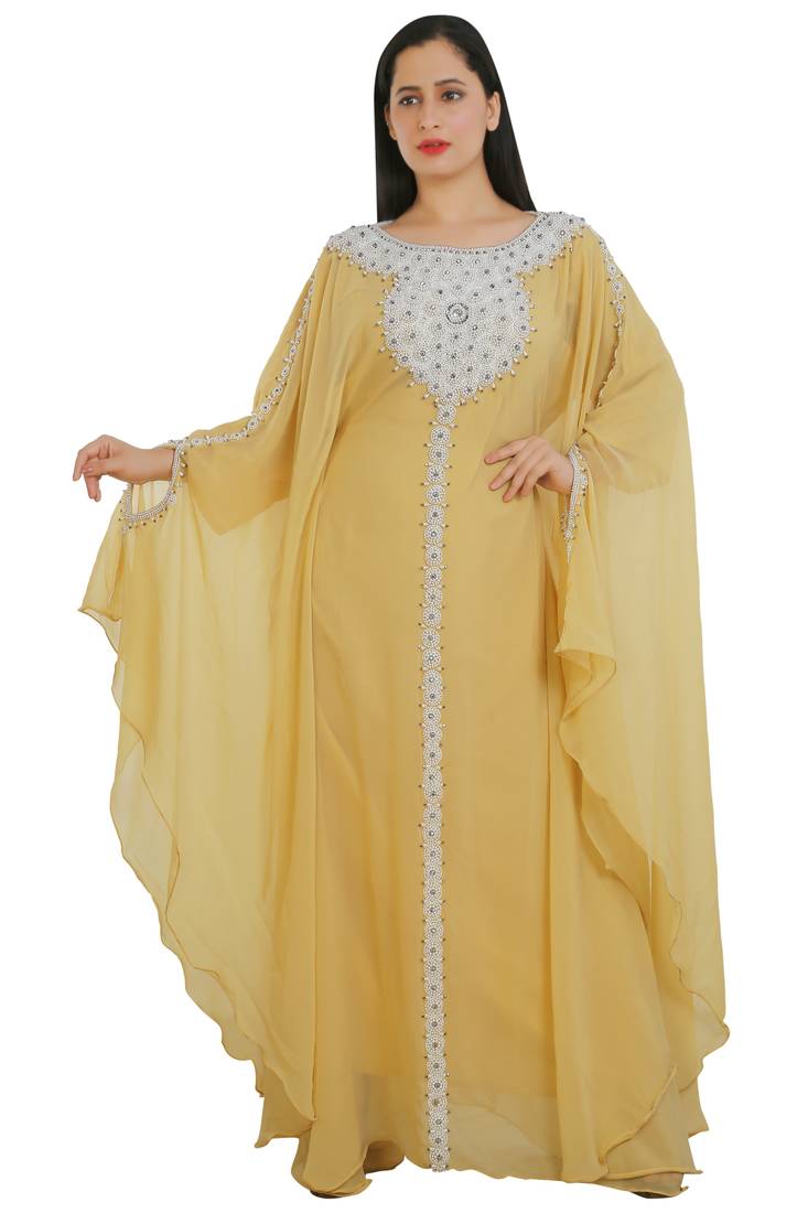 Yellow Georgette Embroidered Zari Work Islamic Kaftans