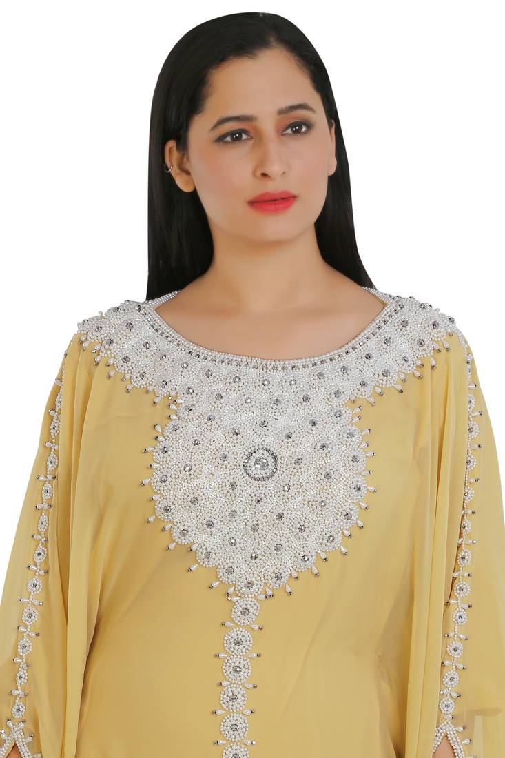 Yellow Georgette Embroidered Zari Work Islamic Kaftans