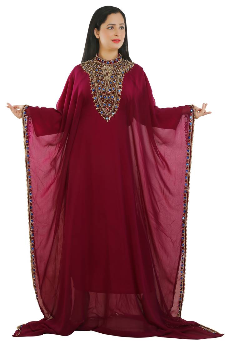 Magenta Georgette Embroidered Zari Work Islamic Kaftans