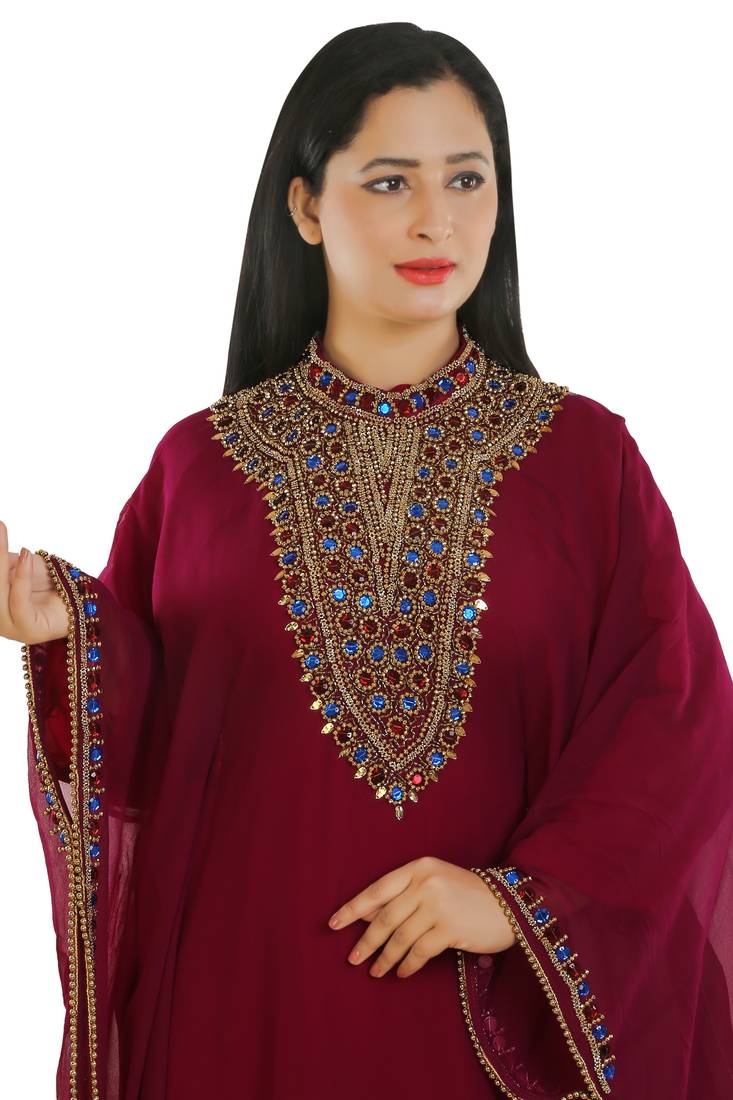 Magenta Georgette Embroidered Zari Work Islamic Kaftans