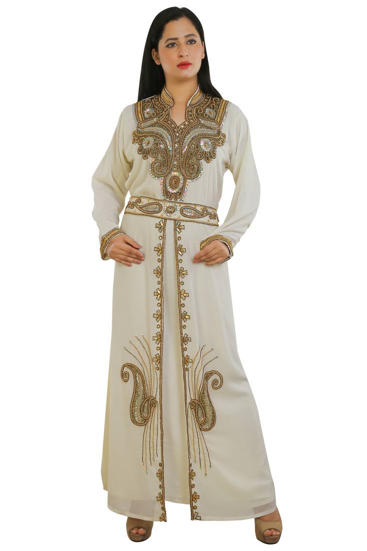 Cream Georgette Embroidered Zari Work Islamic Kaftans