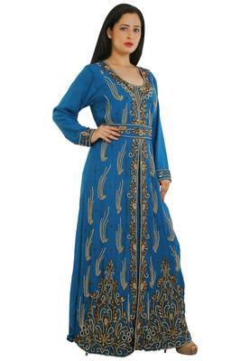 Turquoise Georgette Embroidered Zari Work Islamic Kaftans 1