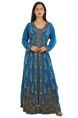 Turquoise Georgette Embroidered Zari Work Islamic Kaftans 2