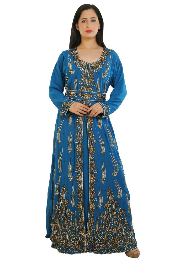 Turquoise Georgette Embroidered Zari Work Islamic Kaftans
