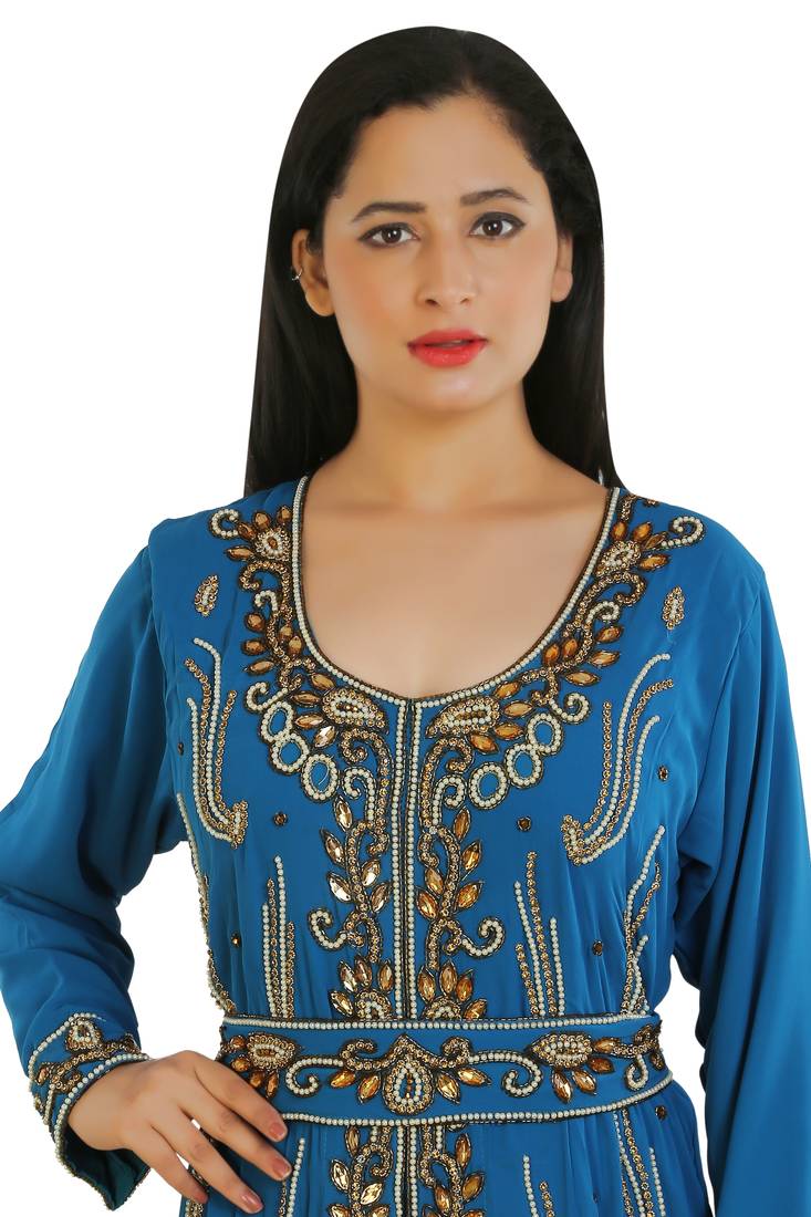 Turquoise Georgette Embroidered Zari Work Islamic Kaftans