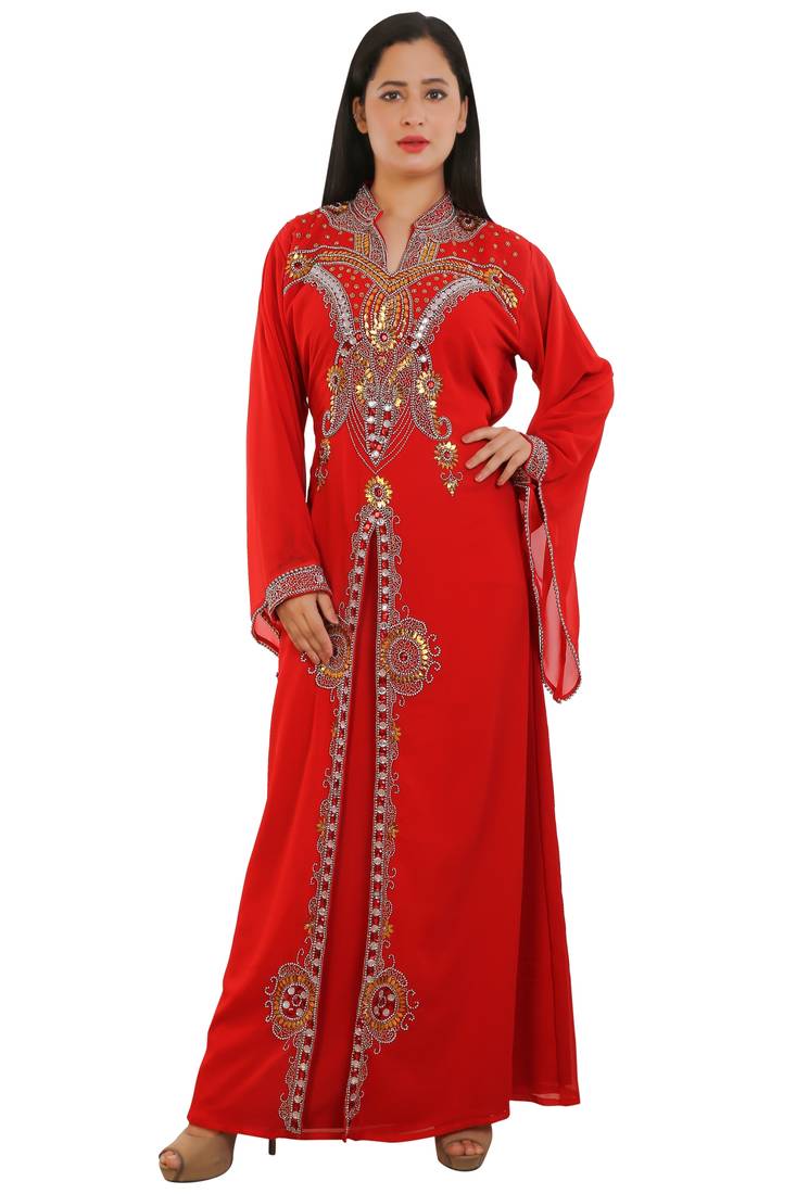 Red Georgette Embroidered Zari Work Islamic Kaftans