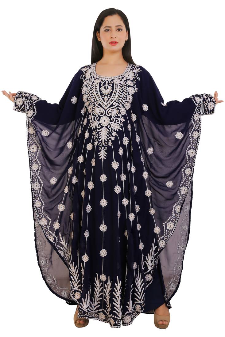 Navy Blue Georgette Embroidered Zari Work Islamic Kaftans