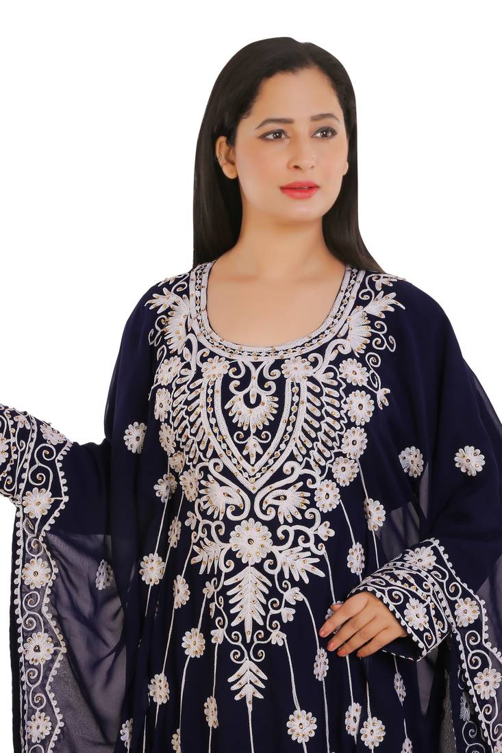 Navy Blue Georgette Embroidered Zari Work Islamic Kaftans