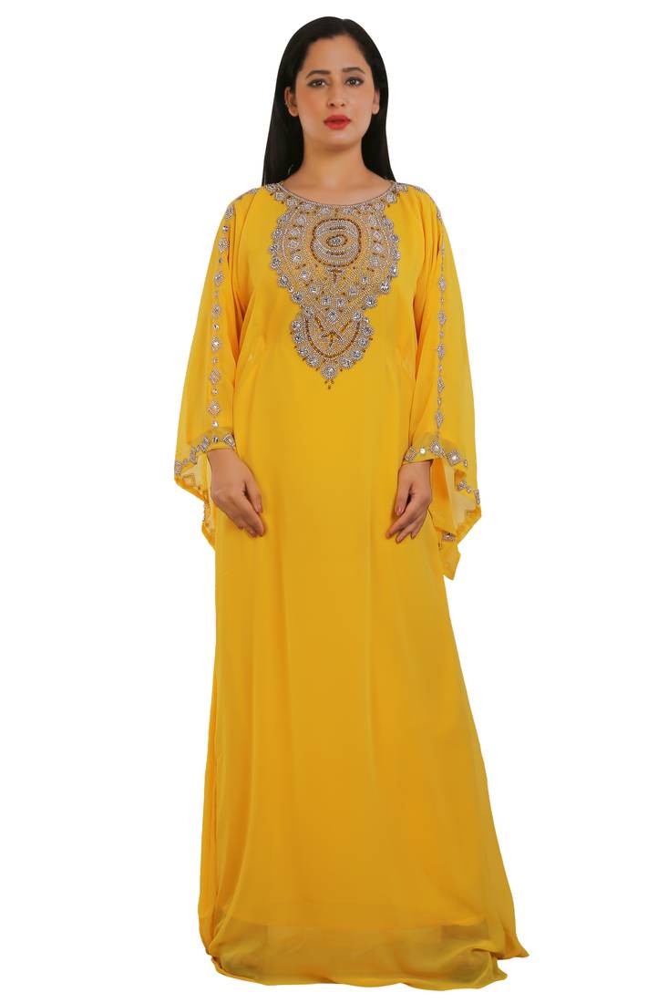 Yellow Georgette Embroidered Zari Work Islamic Kaftans