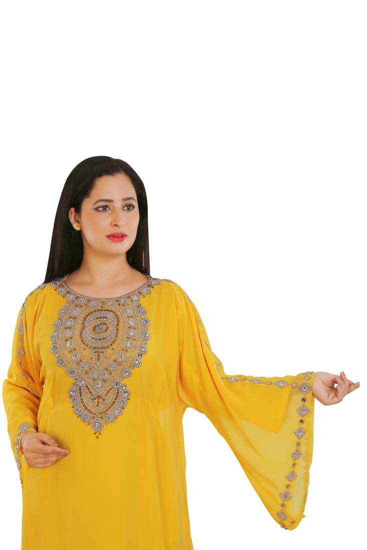 Yellow Georgette Embroidered Zari Work Islamic Kaftans