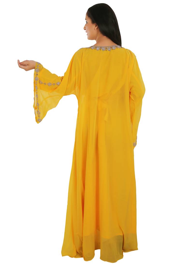 Yellow Georgette Embroidered Zari Work Islamic Kaftans