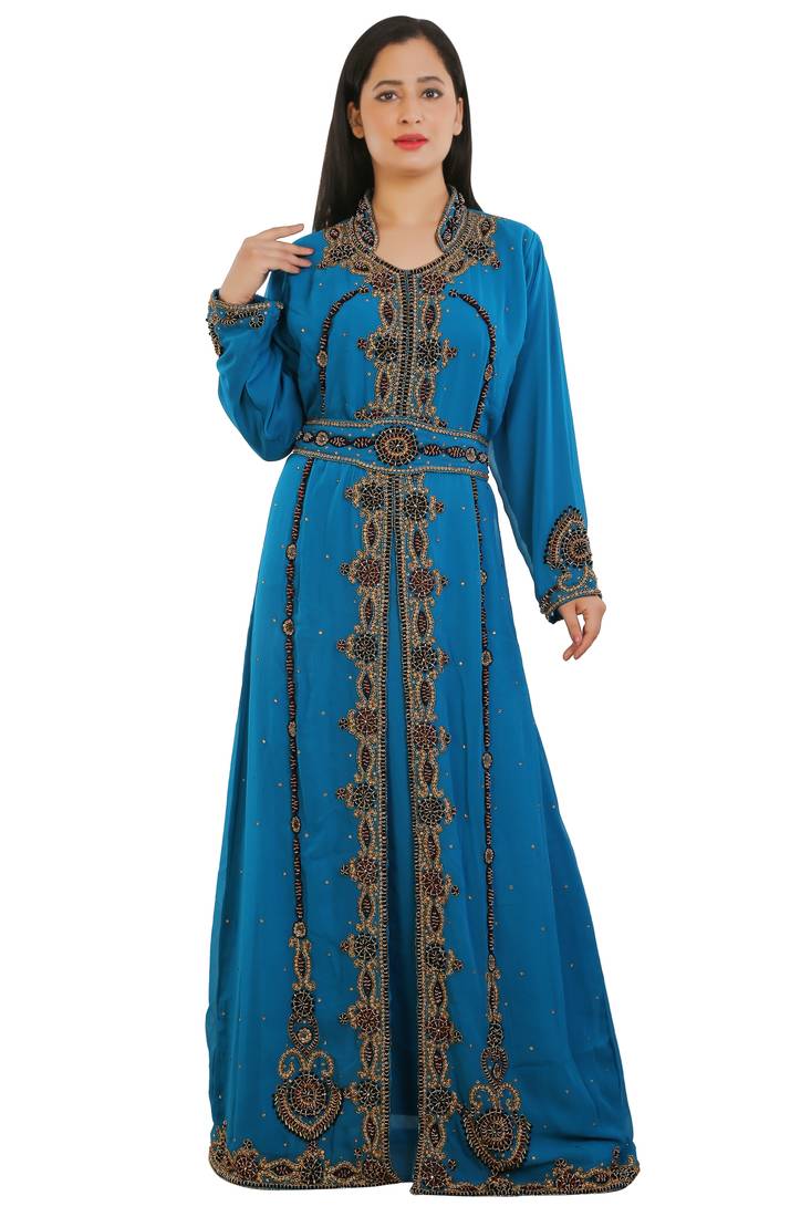 Turquoise Georgette Embroidered Zari Work Islamic Kaftans