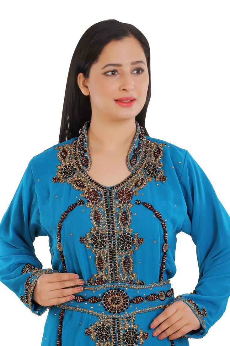 Turquoise Georgette Embroidered Zari Work Islamic Kaftans