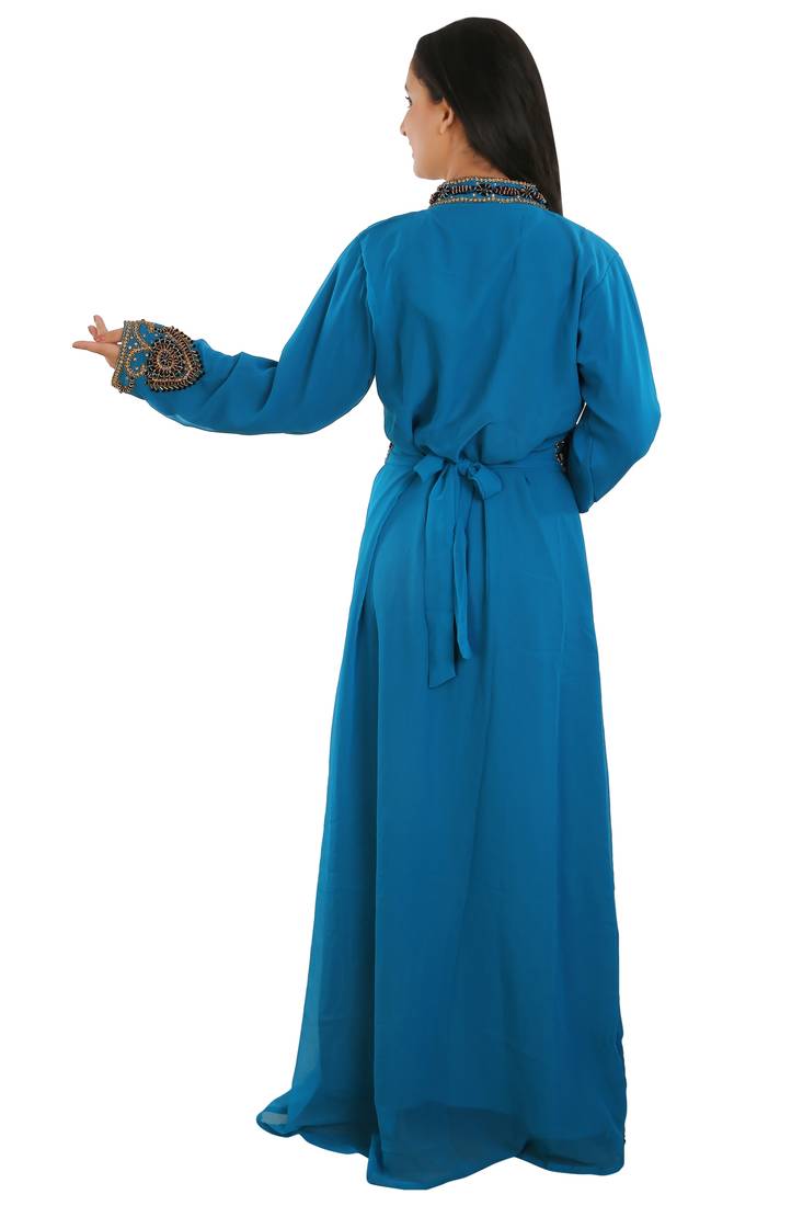 Turquoise Georgette Embroidered Zari Work Islamic Kaftans