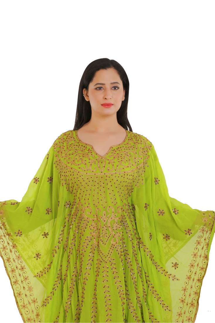Lemon Georgette Embroidered Zari Work Islamic Kaftans