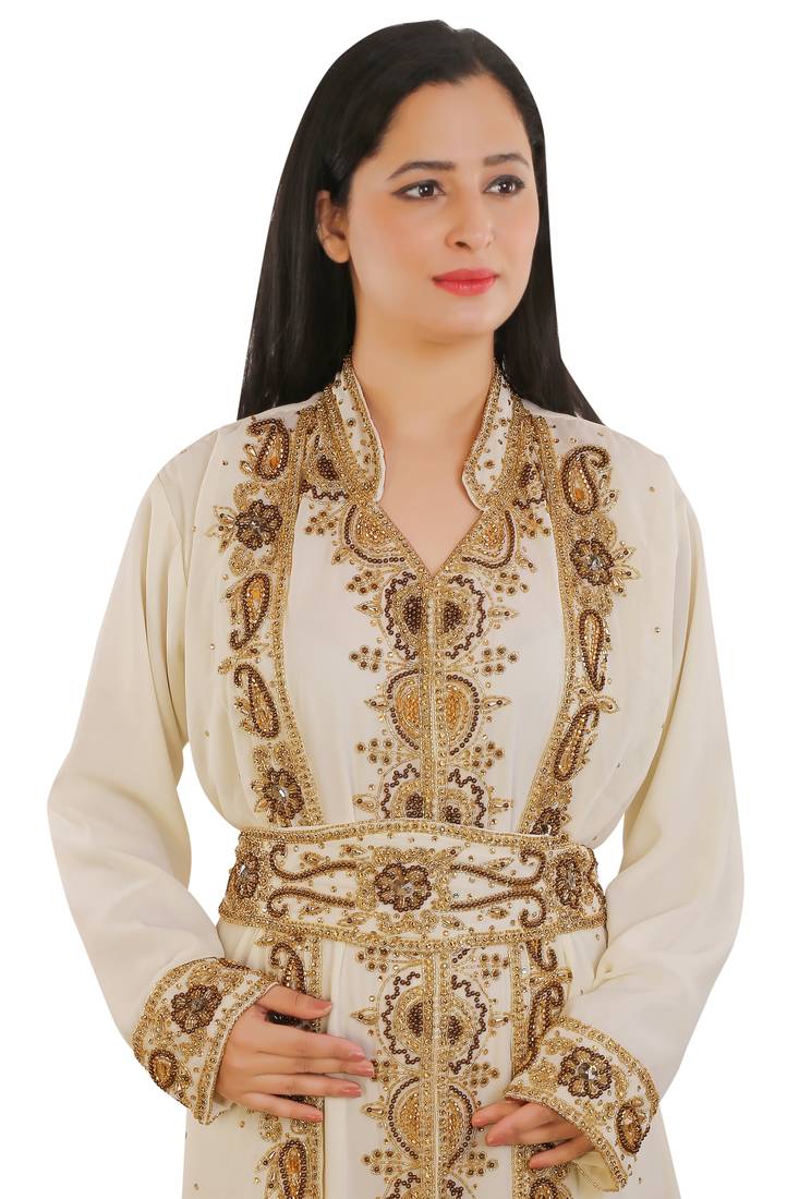 Cream Georgette Embroidered Zari Work Islamic Kaftans
