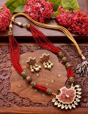 Designer Floral Peacock Meenakari Kundan Studed Onyx Stone Multilayer Necklace Set with Earrings 1