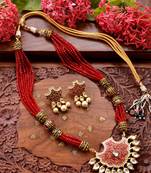 Designer Floral Peacock Meenakari Kundan Studed Onyx Stone Multilayer Necklace Set with Earrings