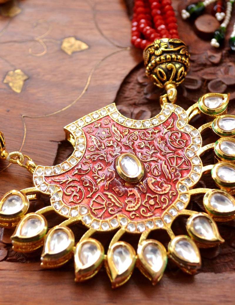 Designer Floral Peacock Meenakari Kundan Studed Onyx Stone Multilayer Necklace Set with Earrings