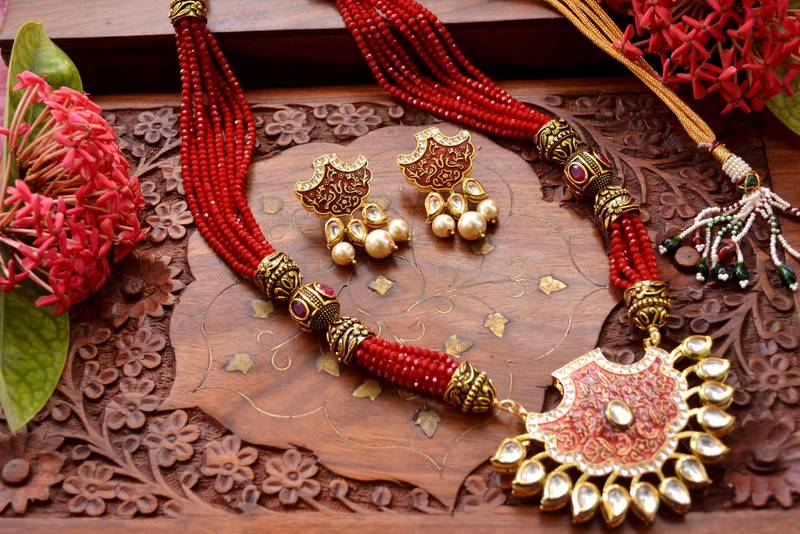 Designer Floral Peacock Meenakari Kundan Studed Onyx Stone Multilayer Necklace Set with Earrings