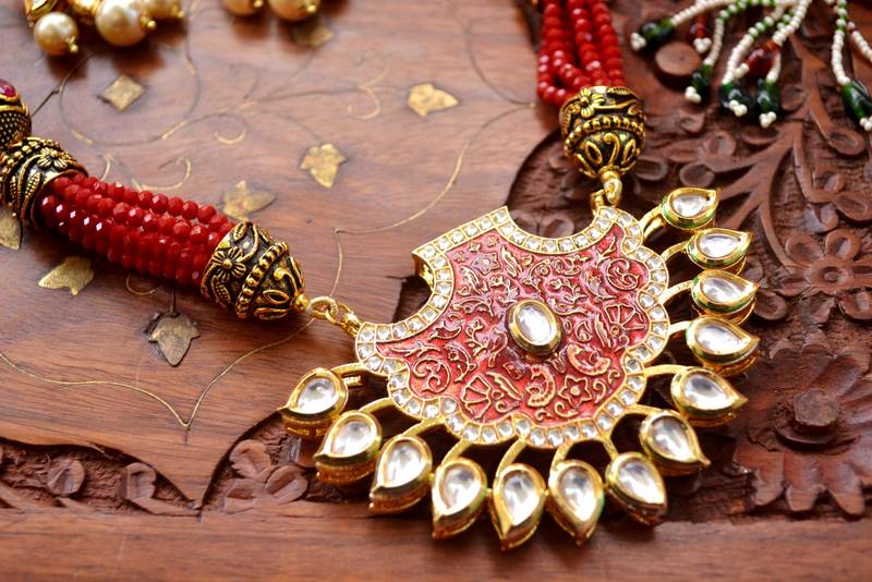 Designer Floral Peacock Meenakari Kundan Studed Onyx Stone Multilayer Necklace Set with Earrings