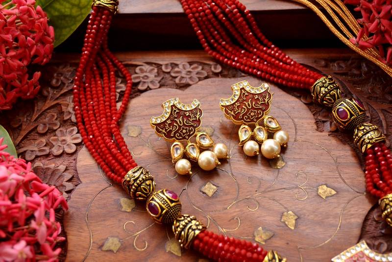 Designer Floral Peacock Meenakari Kundan Studed Onyx Stone Multilayer Necklace Set with Earrings