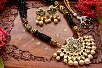 Designer Floral Peacock Meenakari Kundan Studed Onyx Stone Multilayer Necklace Set with Earrings 1