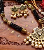 Designer Floral Peacock Meenakari Kundan Studed Onyx Stone Multilayer Necklace Set with Earrings