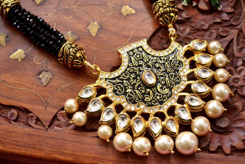 Designer Floral Peacock Meenakari Kundan Studed Onyx Stone Multilayer Necklace Set with Earrings
