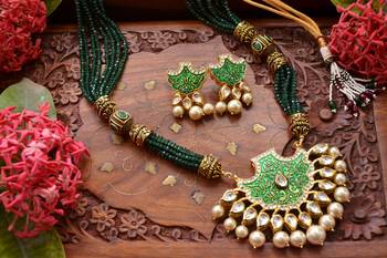 Designer Floral Peacock Meenakari Kundan Studed Onyx Stone Multilayer Necklace Set with Earrings 1