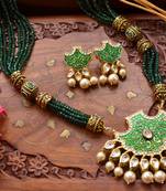 Designer Floral Peacock Meenakari Kundan Studed Onyx Stone Multilayer Necklace Set with Earrings